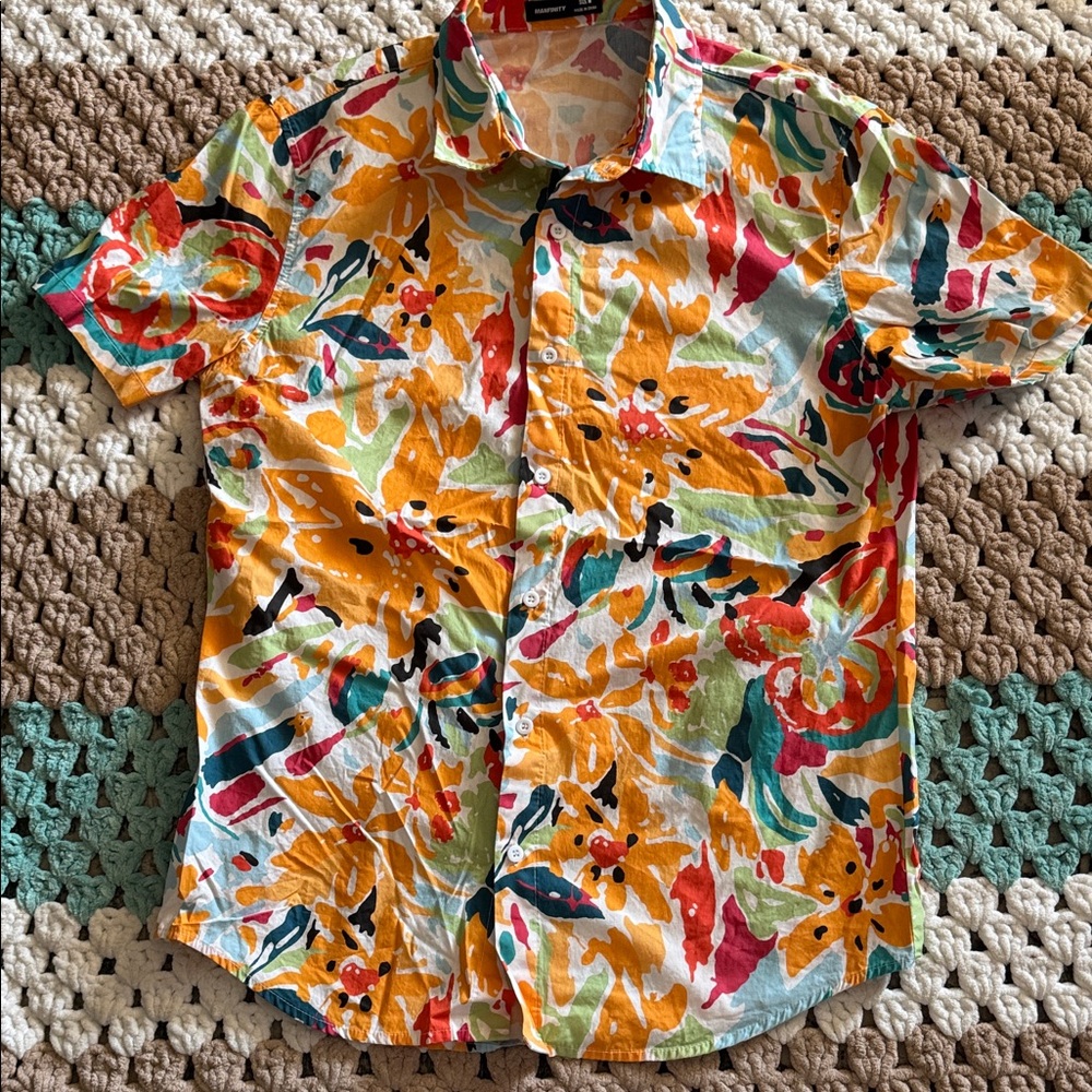 Orange Blue Colorful Floral Hawaiian Button Up Vacation Shirt Men’s sz Medium